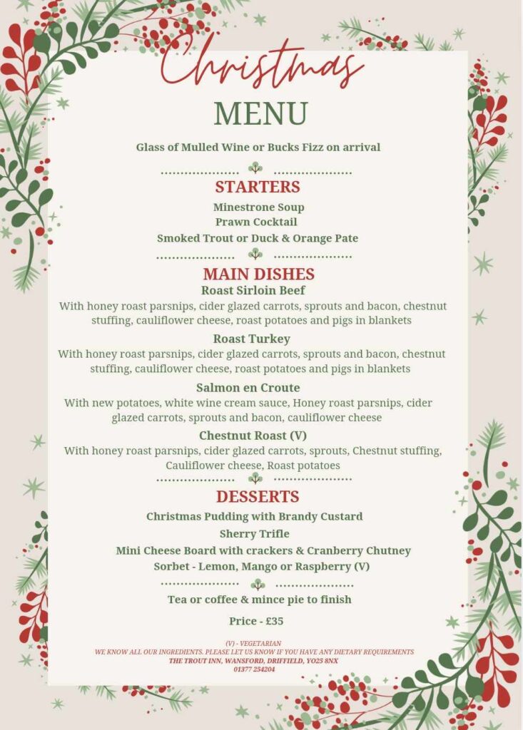 Christmas Menu The Trout Inn Wansford